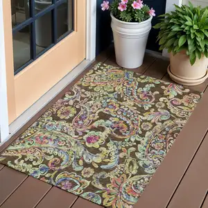 Photo of Chocolate And Artichoke Green Paisley Washable Indoor Outdoor Area Rug