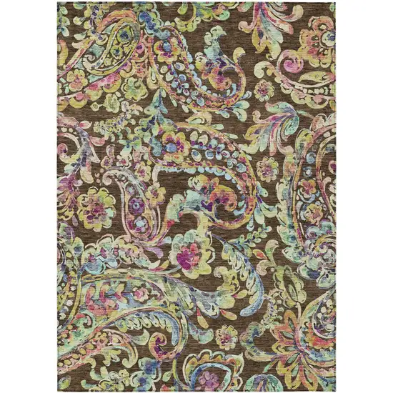 Chocolate And Artichoke Green Paisley Washable Indoor Outdoor Area Rug Photo 2