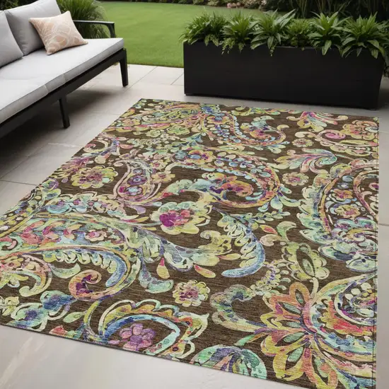 Chocolate And Artichoke Green Paisley Washable Indoor Outdoor Area Rug Photo 1