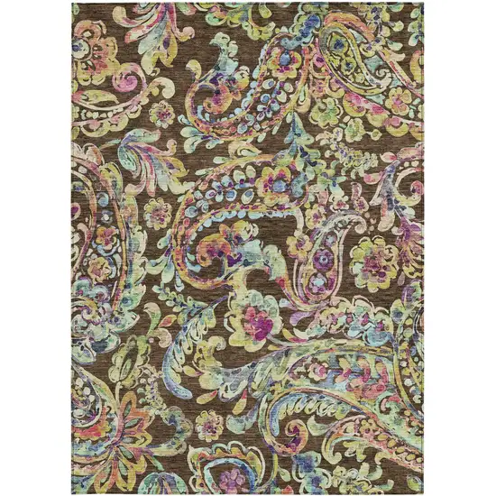 Chocolate And Artichoke Green Paisley Washable Indoor Outdoor Area Rug Photo 8