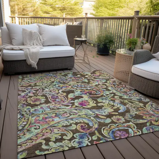 Chocolate And Artichoke Green Paisley Washable Indoor Outdoor Area Rug Photo 9