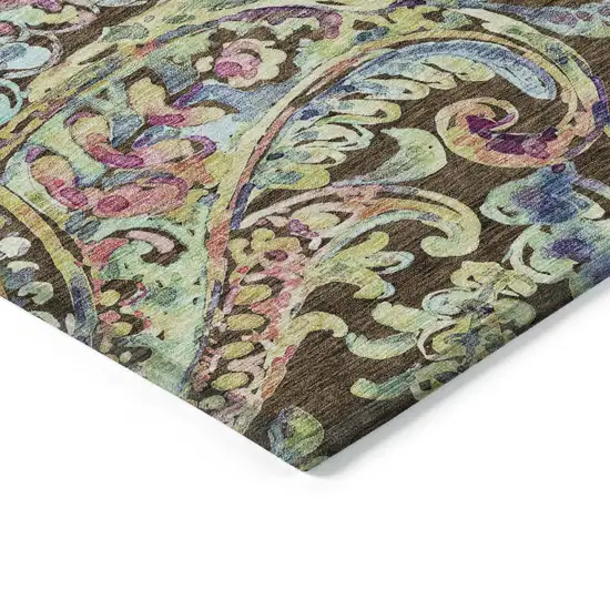 Chocolate And Artichoke Green Paisley Washable Indoor Outdoor Area Rug Photo 5