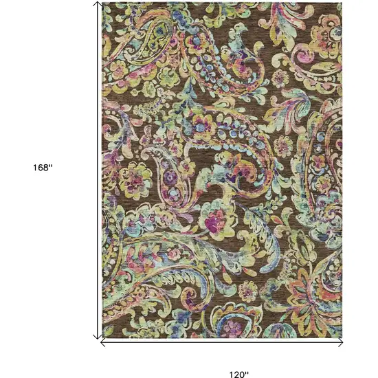 Chocolate And Artichoke Green Paisley Washable Indoor Outdoor Area Rug Photo 3