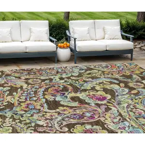 Photo of Chocolate And Artichoke Green Paisley Washable Indoor Outdoor Area Rug