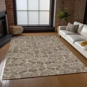 Photo of Chocolate And Beige Geometric Washable Indoor Outdoor Area Rug