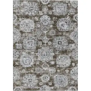 Photo of Chocolate And Blue Floral Washable Indoor Outdoor Area Rug