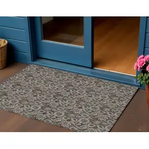 Photo of Chocolate And Charcoal Floral Washable Indoor Outdoor Area Rug