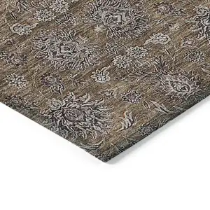 Photo of Chocolate And Gray Floral Washable Indoor Outdoor Area Rug