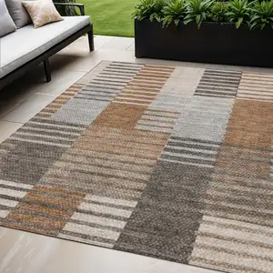 Photo of Chocolate And Gray Striped Washable Indoor Outdoor Area Rug