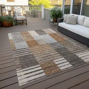 Photo of Chocolate And Gray Striped Washable Indoor Outdoor Area Rug