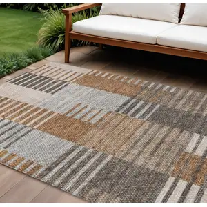 Photo of Chocolate And Gray Striped Washable Indoor Outdoor Area Rug