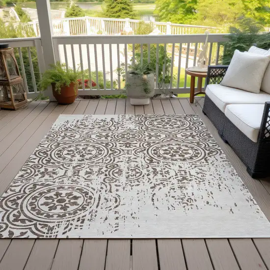 Chocolate And Ivory Medallion Washable Indoor Outdoor Area Rug Photo 6