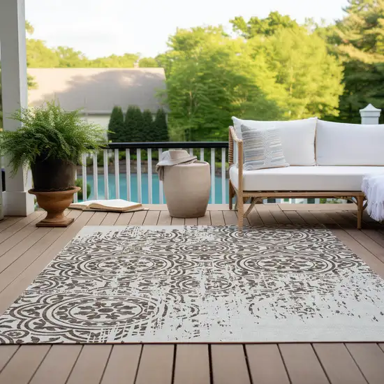 Chocolate And Ivory Medallion Washable Indoor Outdoor Area Rug Photo 9