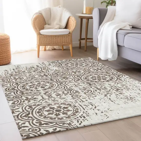 Chocolate And Ivory Medallion Washable Indoor Outdoor Area Rug Photo 7