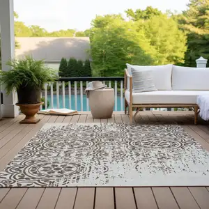 Photo of Chocolate And Ivory Medallion Washable Indoor Outdoor Area Rug