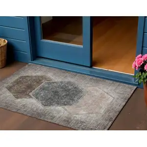 Photo of Chocolate And Taupe Geometric Washable Indoor Outdoor Area Rug