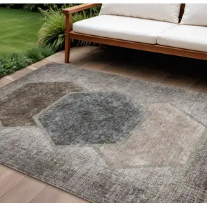 Photo of Chocolate And Taupe Geometric Washable Indoor Outdoor Area Rug