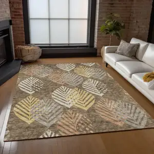 Photo of Chocolate Beige And Gray Floral Washable Indoor Outdoor Area Rug