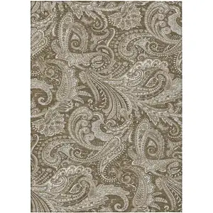 Photo of Chocolate Beige And Ivory Paisley Washable Indoor Outdoor Area Rug