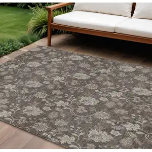 Photo of Chocolate Beige And Taupe Floral Washable Indoor Outdoor Area Rug