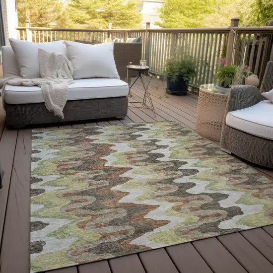 Chocolate Copper And Artichoke Green Abstract Washable Indoor Outdoor Area Rug Photo 9