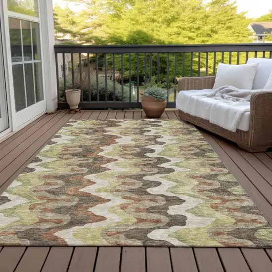 Chocolate Copper And Artichoke Green Abstract Washable Indoor Outdoor Area Rug Photo 6