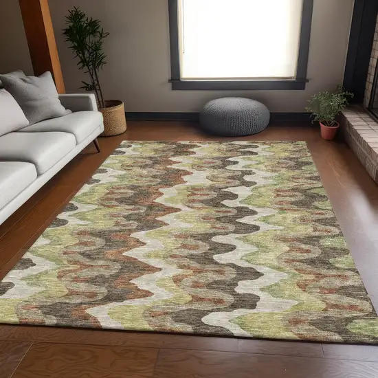 Chocolate Copper And Artichoke Green Abstract Washable Indoor Outdoor Area Rug Photo 7