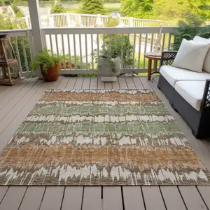 Photo of Chocolate Copper And Green Striped Washable Indoor Outdoor Area Rug