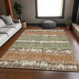 Photo of Chocolate Copper And Green Striped Washable Indoor Outdoor Area Rug