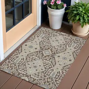 Photo of Chocolate Gray And Beige Floral Washable Indoor Outdoor Area Rug