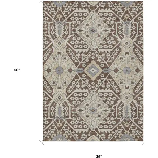 Chocolate Gray And Beige Floral Washable Indoor Outdoor Area Rug Photo 3