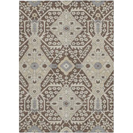 Chocolate Gray And Beige Floral Washable Indoor Outdoor Area Rug Photo 8