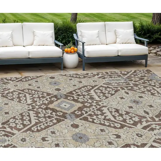 Chocolate Gray And Beige Floral Washable Indoor Outdoor Area Rug Photo 1