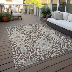 Photo of Chocolate Gray And Beige Floral Washable Indoor Outdoor Area Rug