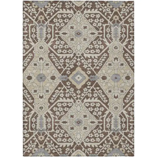 Chocolate Gray And Beige Floral Washable Indoor Outdoor Area Rug Photo 2