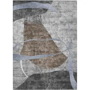 Photo of Chocolate Gray And Charcoal Abstract Washable Indoor Outdoor Area Rug