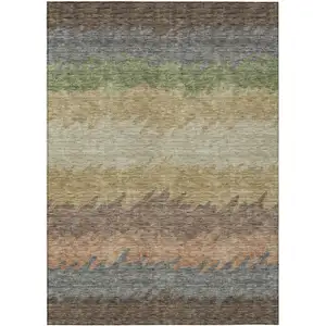 Photo of Chocolate Gray And Green Striped Washable Indoor Outdoor Area Rug