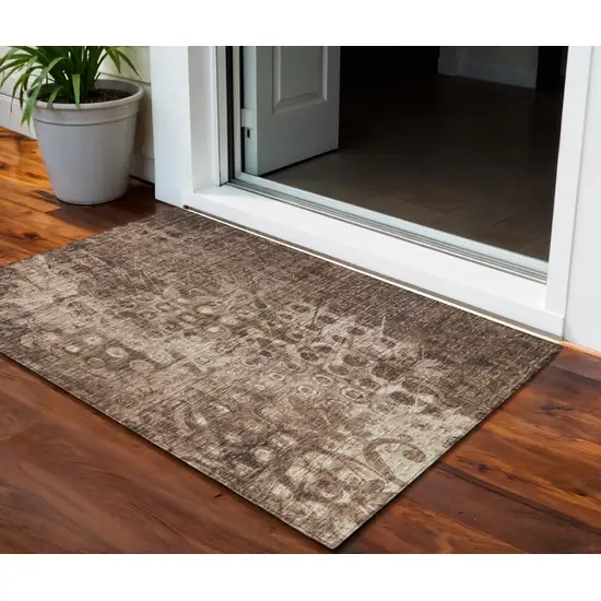 Chocolate Ikat Washable Non Skid Indoor Outdoor Area Rug Photo 1