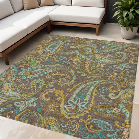 Brown Aqua and Gold Paisley Washable Non Skid Indoor Outdoor Area Rug Photo 1