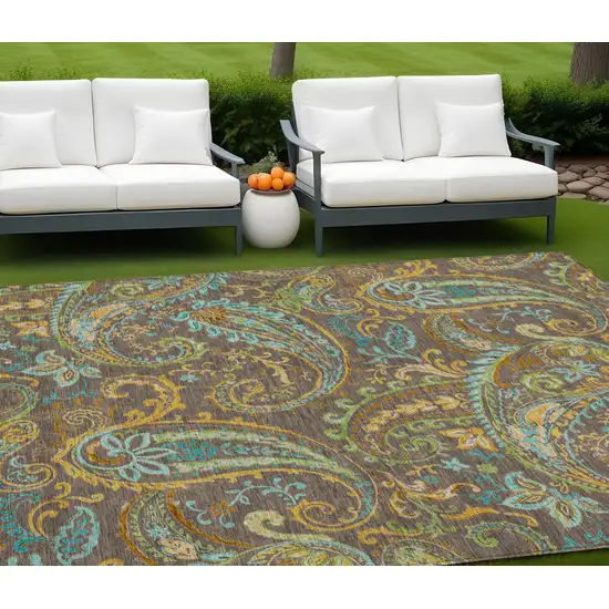 Brown Aqua and Gold Paisley Washable Non Skid Indoor Outdoor Area Rug Photo 1