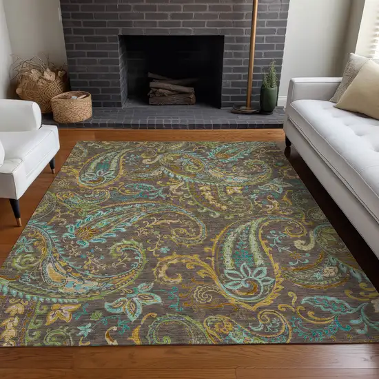 Brown Aqua and Gold Paisley Washable Non Skid Indoor Outdoor Area Rug Photo 8