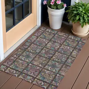 Photo of Chocolate Purple And Teal Blue Medallion Washable Indoor Outdoor Area Rug