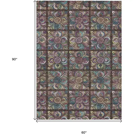 Chocolate Purple And Teal Blue Medallion Washable Indoor Outdoor Area Rug Photo 3