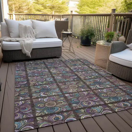 Chocolate Purple And Teal Blue Medallion Washable Indoor Outdoor Area Rug Photo 9