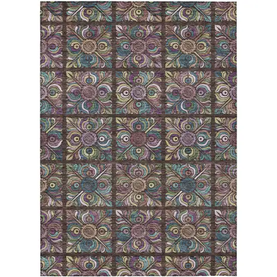 Chocolate Purple And Teal Blue Medallion Washable Indoor Outdoor Area Rug Photo 2