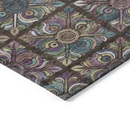 Chocolate Purple And Teal Blue Medallion Washable Indoor Outdoor Area Rug Photo 4