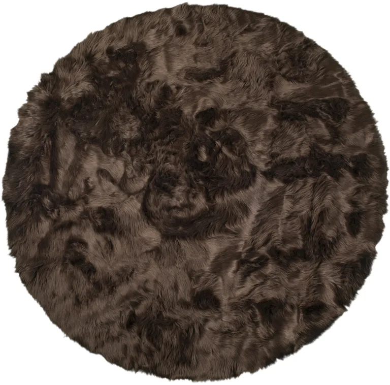 Chocolate Round Faux Fur Washable Non Skid Area Rug Photo 1