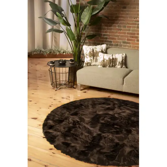 Chocolate Round Faux Fur Washable Non Skid Area Rug Photo 3