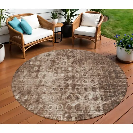 Chocolate Round Ikat Washable Non Skid Indoor Outdoor Area Rug Photo 1