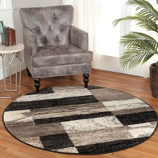 Chocolate Round Patchwork Power Loom Stain Resistant Area Rug Photo 8